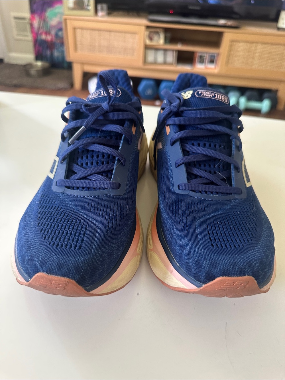 New Balance 1080 Women's Navy Blue with Pink Accent Running Sneakers - Picture 2 of 6